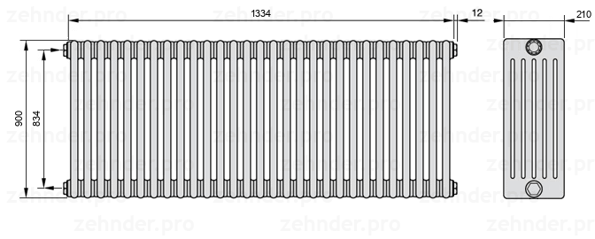 Схема (чертеж) Радиатор Zehnder Charleston 6090/29 №1270 Белый глянцевый RAL 9016
